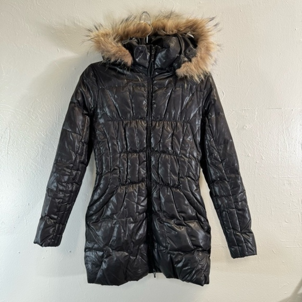 KOCCA down puffer parka black coat jacket hooded faux fur quilted pockets small